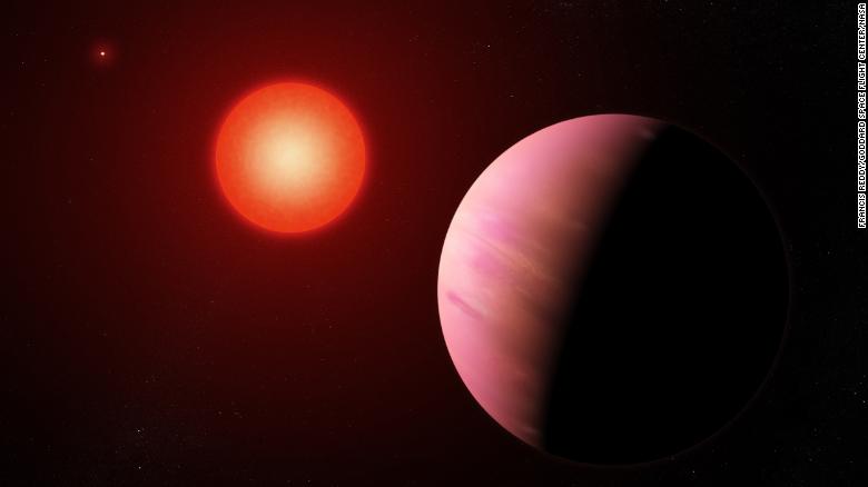 This artist&#39;s illustration shows newly discovered exoplanet K2-288Bb, 226 light-years away and half the size of Neptune. It orbits the fainter member of a pair of cool M-type stars every 31.3 days. 