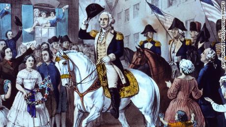 General George Washington makes his triumphal entry into New York after the British left the city in 1783.