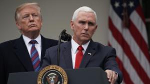 WASHINGTON, DC - JANUARY 04:  U.S. Vice President Mike Pence (R) speaks as President Donald Trump (L) listens in the Rose Garden of the White House on January 4, 2019 in Washington, DC. Trump hosted both Democratic and Republican lawmakers at the White House for the second meeting in three days as the government shutdown heads into its third week.  (Photo by Alex Wong/Getty Images)