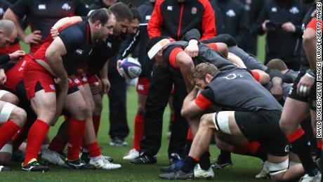 The Georgian and English scrums pack down against each other during a training session in London last year. 