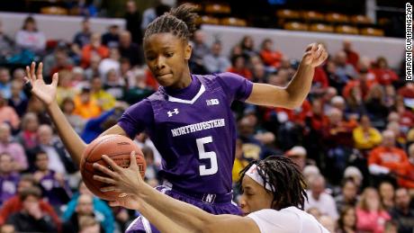 Jordan Hankins goes for a loose ball during an NCAA college basketball game at the Big Ten Conference tournament Saturday, March 5, 2016, in Indianapolis.