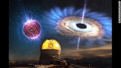 The SOAR telescope is pictured along with images of a highly magnetized neutron star, left, and an accreting black hole.