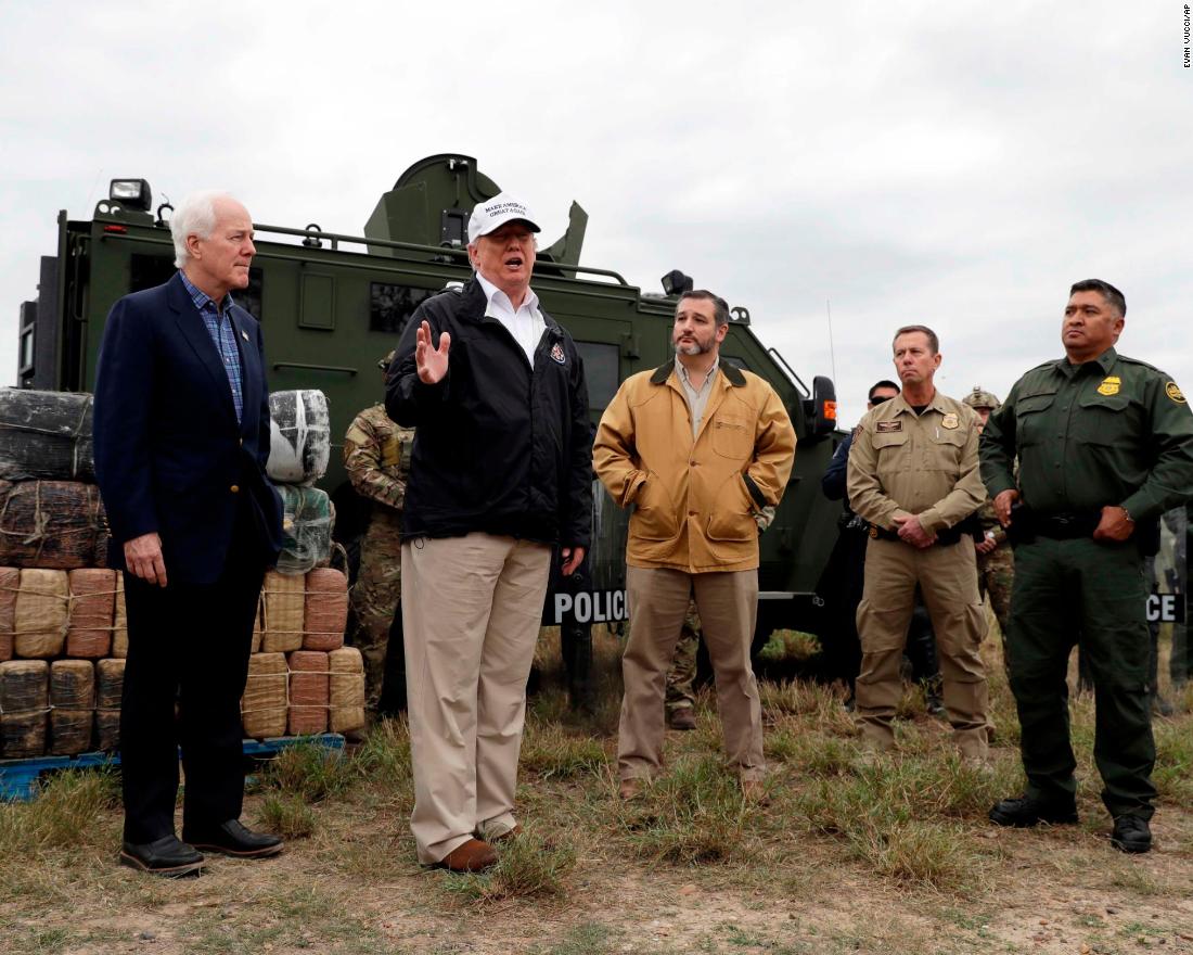 Trump is joined by US Sens. John Cornyn, left, and Ted Cruz as &lt;a href=&quot;https://www.cnn.com/2019/01/10/politics/trump-southern-border-visit/index.html&quot; target=&quot;_blank&quot;&gt;he visits the US-Mexico border&lt;/a&gt; near Mission, Texas, on Thursday, January 10. Trump, surrounded by border patrol agents, said: &quot;We need security. We need the kind of backup they want.&quot;