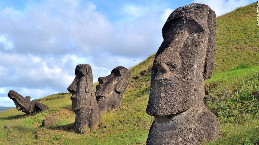  Large stone statues called Moai stand on a hillside on Easter Island, a remote island in the Pacific Ocean famous for its lack of permanent freshwater sources.