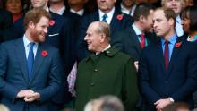 LONDON, ENGLAND - OCTOBER 31: Prince Harry, Prince Phillip and Prince William enjoy the atmosphere during the 2015 Rugby World Cup Final match between New Zealand and Australia at Twickenham Stadium on October 31, 2015 in London, United Kingdom. (Photo by Phil Walter/Getty Images)