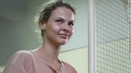 Detained Belarusian model Anastasia Vashukevich better known by her pen name Nastya Rybka, prepares to board a prison van after a court trial in Pattaya on August 20, 2018, following a police raid on a sex training course. - Rybka who sparked global intrigue after offering to trade secrets about alleged Russian meddling in the 2016 US election pleaded not guilty in a Thai court on August 20 on charges of solicitation. (Photo by Krit Phromsakla Na SAKOLNAKORN / THAI NEWS PIX / AFP)        (Photo credit should read KRIT PHROMSAKLA NA SAKOLNAKORN/AFP/Getty Images)