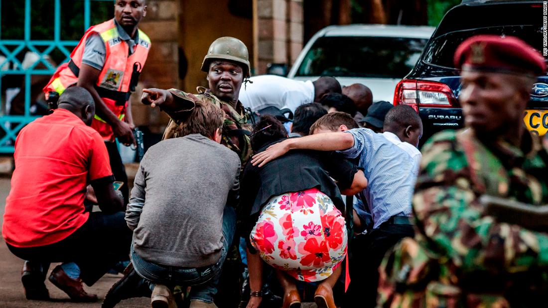 Special forces protect people after an explosion at the Nairobi hotel complex on January 15.