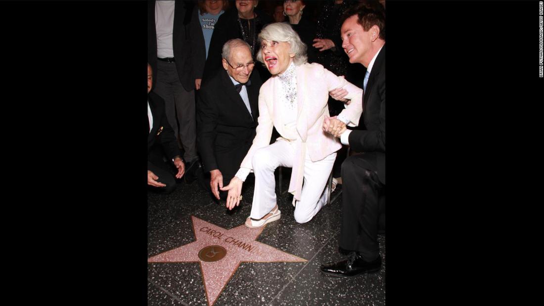 Channing is joined by her husband, Harry Kullijian, left, and actor Davis Gaines as they attend a musical tribute for her 90th birthday in 2011.