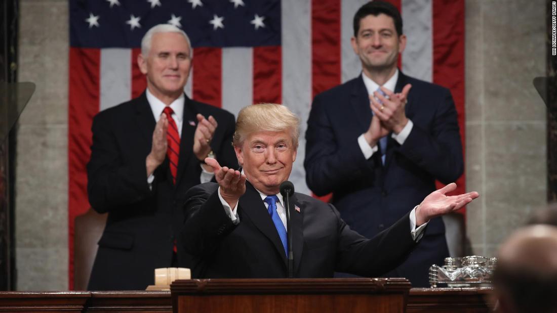 WASHINGTON, DC - JANUARY 30: U.S. President Donald J. Trump delivers the State of the Union address as U.S. Vice President Mike Pence (L) and Speaker of the House U.S. Rep. Paul Ryan (R-WI) (R) look on in the chamber of the U.S. House of Representatives January 30, 2018 in Washington, DC. This is the first State of the Union address given by U.S. President Donald Trump and his second joint-session address to Congress. (Photo by Win McNamee/Getty Images)