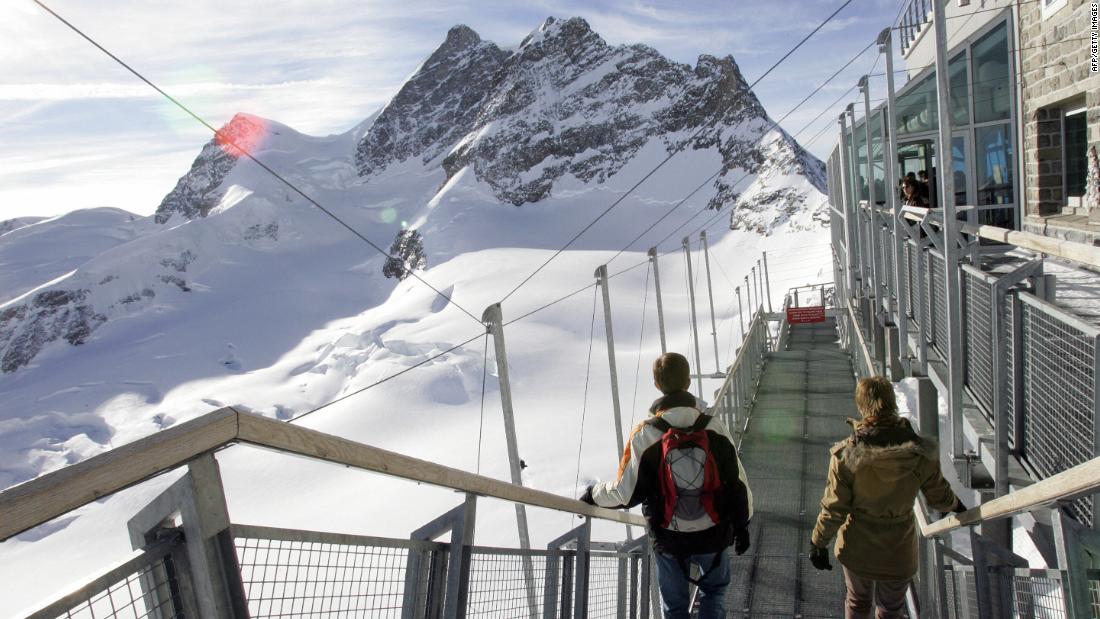 Another cog railway travels up through the heart of the Eiger to the Jungfraujoch and its observatory at the head of the vast Aletsch glacier. The summit of the Jungfrau at 4,158 meters (13,641 feet) is in the distance.