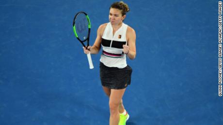 Simona Halep celebrates after defeating Sofia Kenin at the Australian Open.