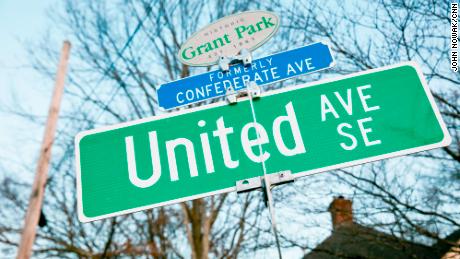 A small blue marker indicates the former name of United Avenue in Atlanta's Grant Park neighborhood.