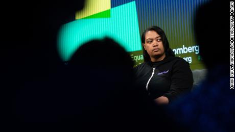 Arlan Hamilton sits on stage during the Bloomberg Business of Equality conference in New York on May 8, 2018.