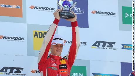 Mick Schumacher celebrates the winning of the Formula 3 Championship at Hockenheimring on October 14, 2018 