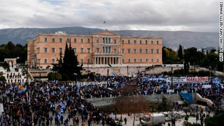 Protesters gather on Sunday during a demonstration  outside the Greek Parliament against the agreement with Skopje to rename the neighboring country, Macedonia, as the Republic of North Macedonia.