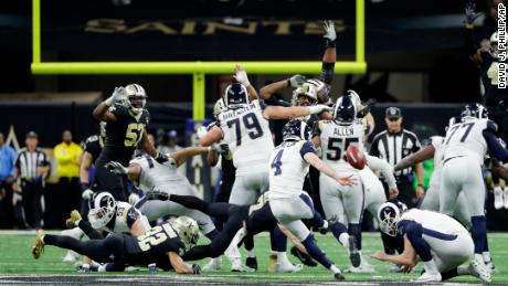 Los Angeles Rams kicker Greg Zuerlein kicks the game-winning field goal in overtime of the NFC championship game against the New Orleans Saints on January 20 in New Orleans.