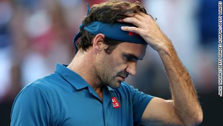 Swiss legend Roger Federer looks on in his fourth round match against Stefanos Tsitsipas of Greece.