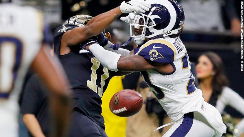 NEW ORLEANS, LOUISIANA - JANUARY 20: Tommylee Lewis #11 of the New Orleans Saints drops a pass broken up by Nickell Robey-Coleman #23 of the Los Angeles Rams during the fourth quarter in the NFC Championship game at the Mercedes-Benz Superdome on January 20, 2019 in New Orleans, Louisiana. (Photo by Kevin C. Cox/Getty Images)