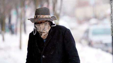 Marvin Hooks wears a face mask to protect him from the cold in Pittsfield, Massachusetts.