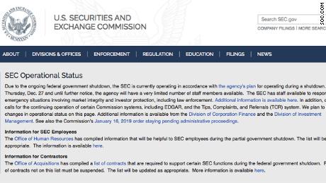 The SEC website is showing this message to let investors know it has a limited staff due to the government shutdown.