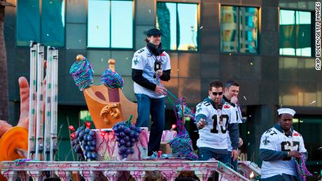 New Orleans Saints Quarterback Drew Brees and teammates celebrate during the New Orleans Saints Super Bowl XLIV Victory Parade in 2010 in New Orleans.