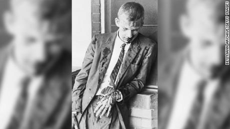 Freedom Rider James Zwerg stands bleeding after an attack by white pro-segregationists in Montgomery, Alabama, in 1961. Zwerg remained in the street for over an hour after the beating, since &quot;white ambulances&quot; refused to treat him.