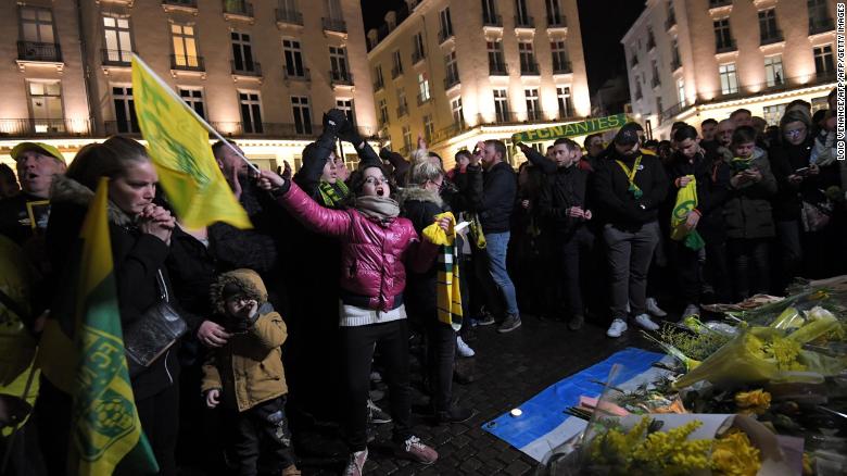 Nantes football club supporters gather after it was announced that the plane Argentinian forward Emiliano Sala was flying on vanished.