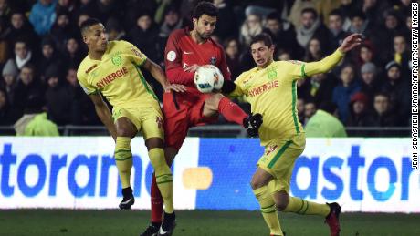 Yacine Bammou (L) and Nantes' Argentinian forward Emiliano Sala during the match between Nantes and Paris Saint-Germain on January 21, 2017.