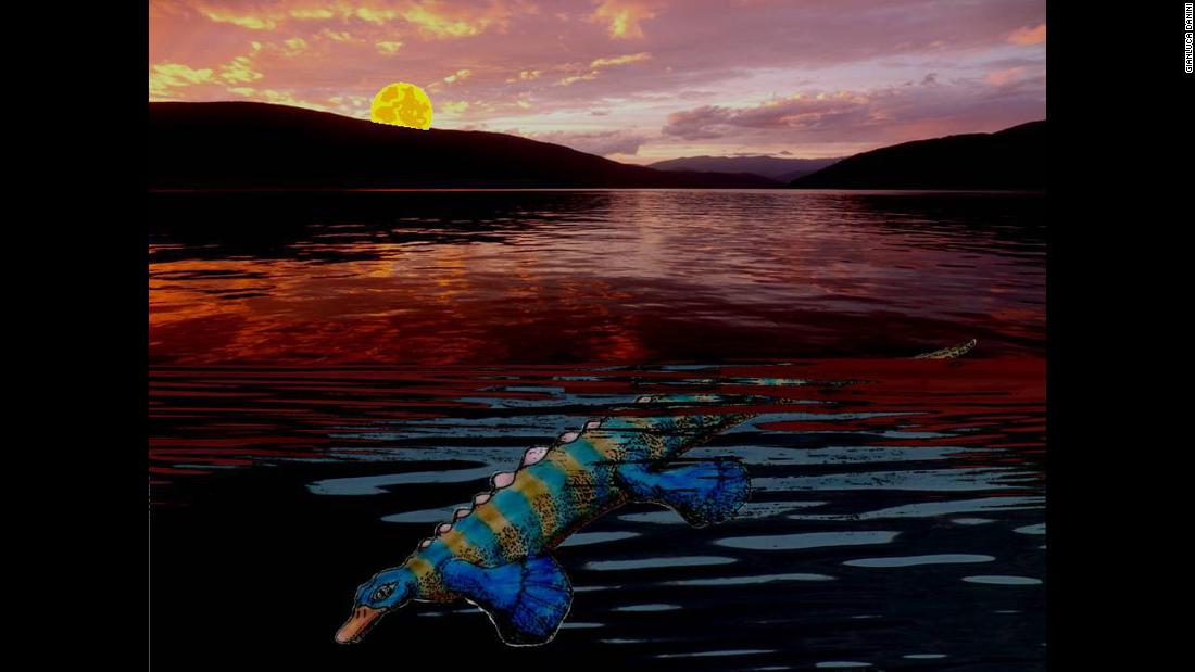This artist&#39;s illustration shows a marine reptile similar to a platypus hunting at dusk. This duckbilled animal was the first reptile to have unusually small eyes that most likely required it to use other senses, such as the tactile sense of its duckbill, to hunt for prey.