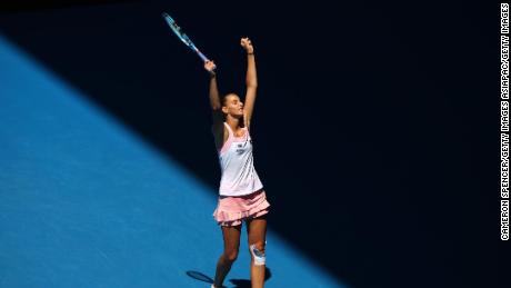 Karolina Pliskova celebrates after beating Serena Williams at the Australian Open. 