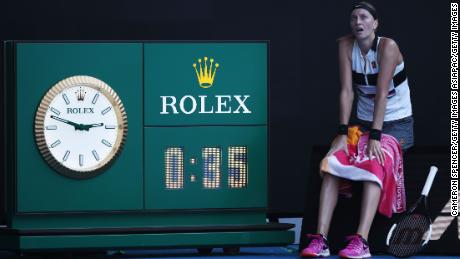 Petra Kvitova takes a seat as the roof is closed at Rod Laver Arena. 