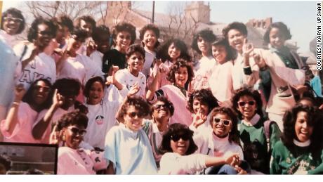 Photo of the 38 line sisters, taken in Spring 1986 on The Yard at Howard University. Harris is in the back row, fourth from the left