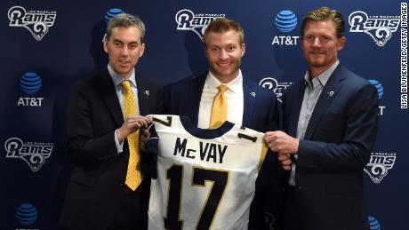Chief Operating Officer Kevin Demoff, McVay and general manager Les Snead of the Los Angeles Rams stand for a photo after announcing McVay&#39;s hiring as head coach.