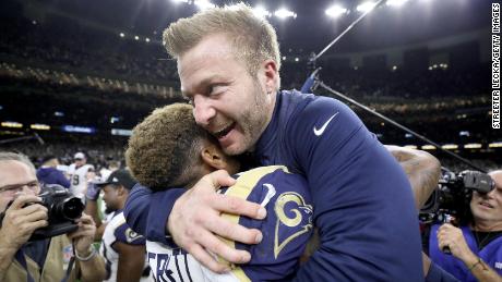 McVay with Gerald Everett after defeating the New Orleans Saints in the NFC Championship game at the Mercedes-Benz Superdome on January 20 in New Orleans.