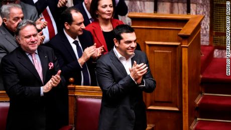 Greece&#39;s Prime Minister Alexis Tsipras celebrates after the Prespa Agreement is ratified in the Greek Parliament on Friday. 