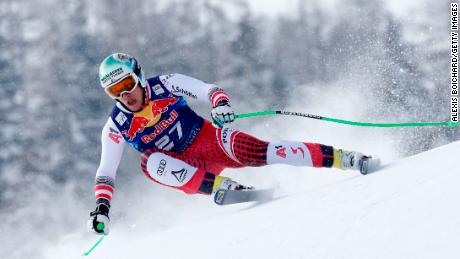 Otmar Striedinger of Austria grabs a surprise third place at Kitzbuhel.