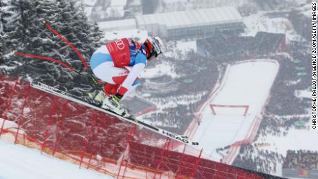 Beat Feuz of Switzerland flies towards the finish of the Kitzbuhel downhill. 