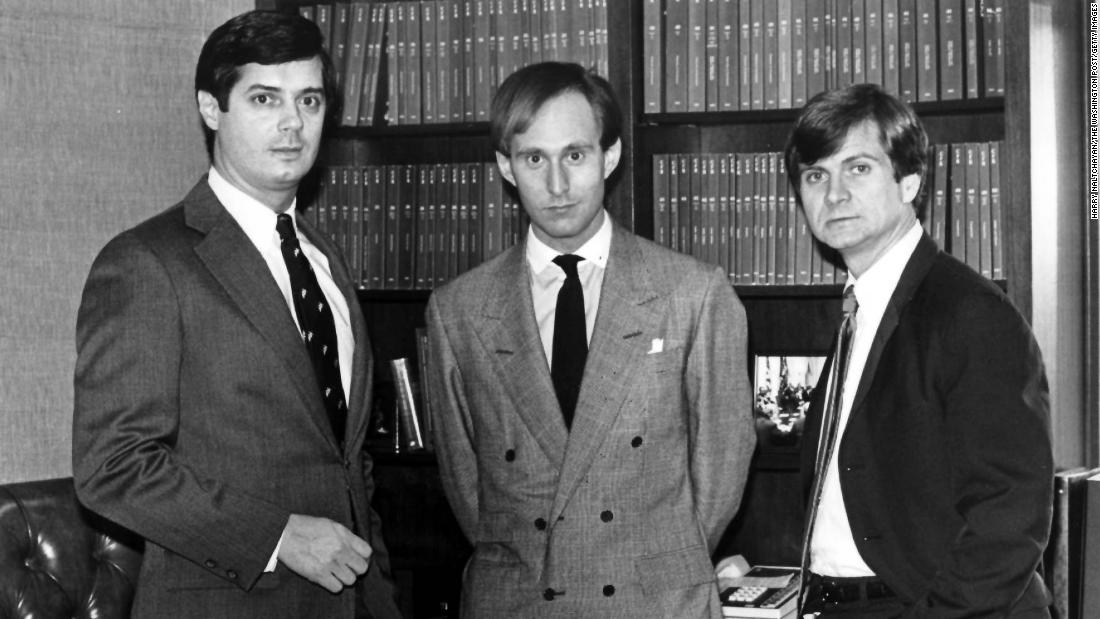 Stone, center, is pictured with Paul Manafort, left, and Atwater in March 1985.