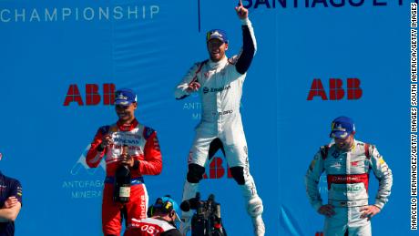 Sam Bird celebrates his victory on the podium in Mexico.