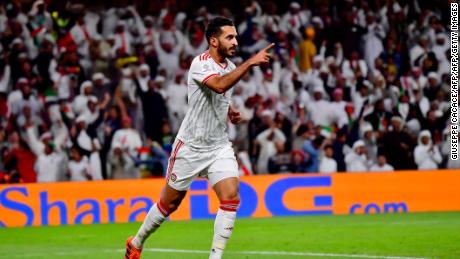 United Arab Emirates' forward Ali Mabkhout celebrates during his side's win over Australia.