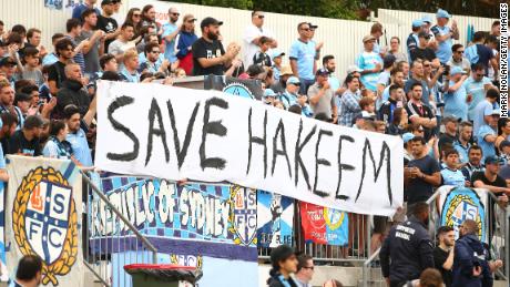 Sydney FC fans display a sign in support for Hakeem al-Araibi during  a match between Sydney FC and the Newcastle Jets.