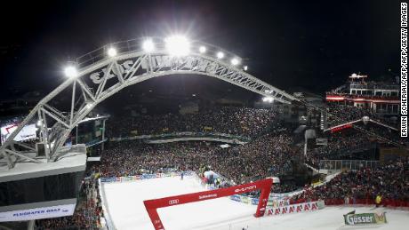 Schladming&#39;s night slalom is illuminated by floodlights.