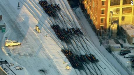 Aerial footage shows train tracks set on fire to prevent freezing in Chicago.