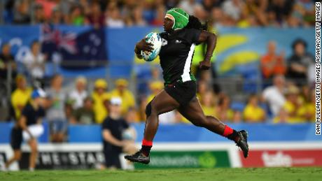 Olando scores for Kenya against Canada at last year's Commonwealth Games.