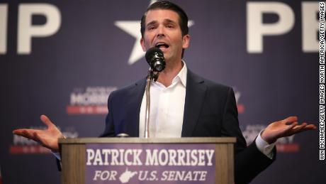 INWOOD, WEST VIRGINIA - OCTOBER 22: 
Donald Trump Jr. speaks to West Virginia voters at a campaign event for Republican U.S Senate candidate Patrick Morrisey October 22, 2018 in Inwood, West Virginia. Morrisey is currently the Attorney General of West Virginia and is running against Sen. Joe Manchin (D-WV). (Photo by Win McNamee/Getty Images)