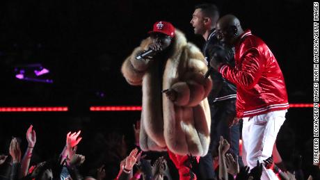 Big Boi, Adam Levine of Maroon 5, and Sleepy Brown perform during the Pepsi Super Bowl LIII Halftime Show 