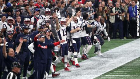 The New England Patriots celebrate a missed field goal late in the fourth quarter during Super Bowl LIII 