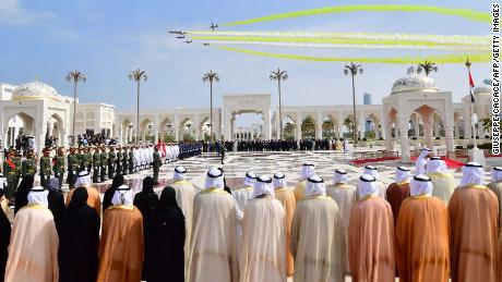 Planes fly over the presidential palace in Abu Dhabi on Monday. 