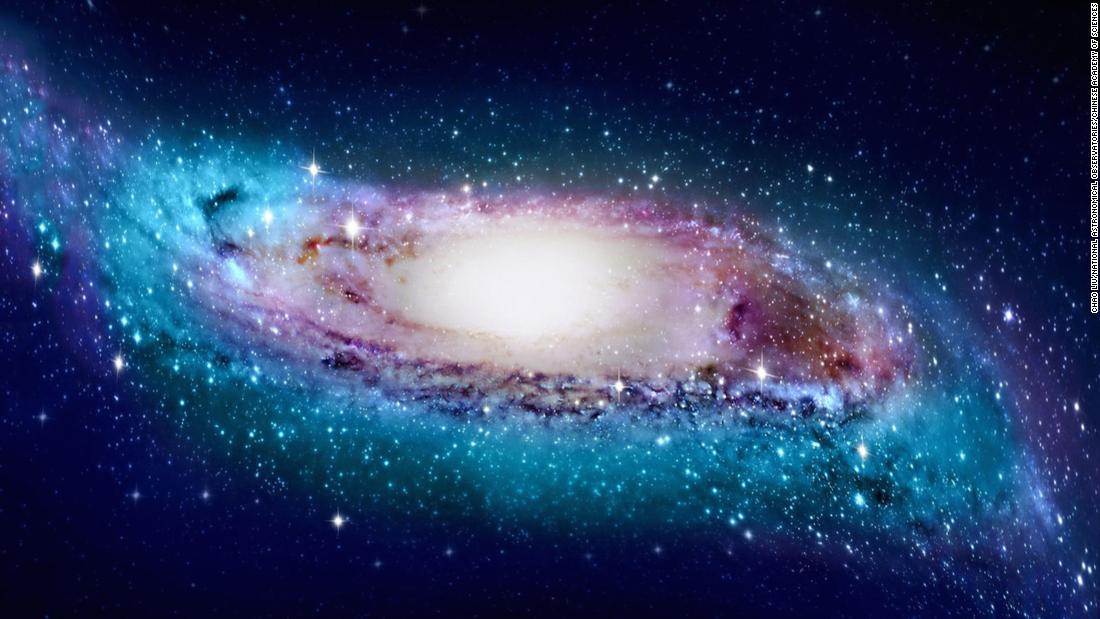 An artist&#39;s impression of the warped and twisted Milky Way disk. This happens when the rotational forces of the massive center of the galaxy tug on the outer disk.