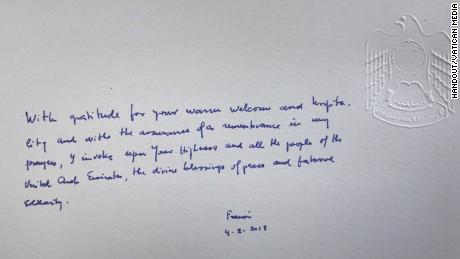 Pope Francis' message in the palace's Book of Honor.